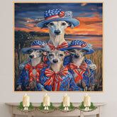 Mother Greyhound Dog and Three Puppies Wearing Patriotic Outfits and Hats with Sunset and Field Background on Ready to Hang 1.5" Thick Canvas Wrap, Floating Framed Canvas, Flat Rolled Canvas